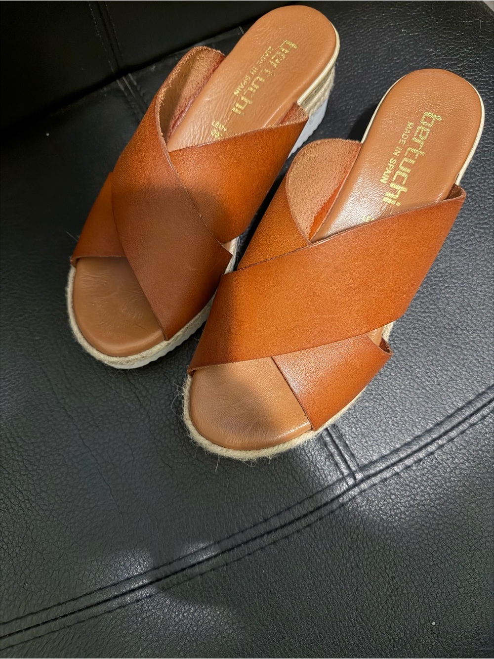 Belletti Tan Leather Crossband Espadrille Wedge Mules Made in Spain